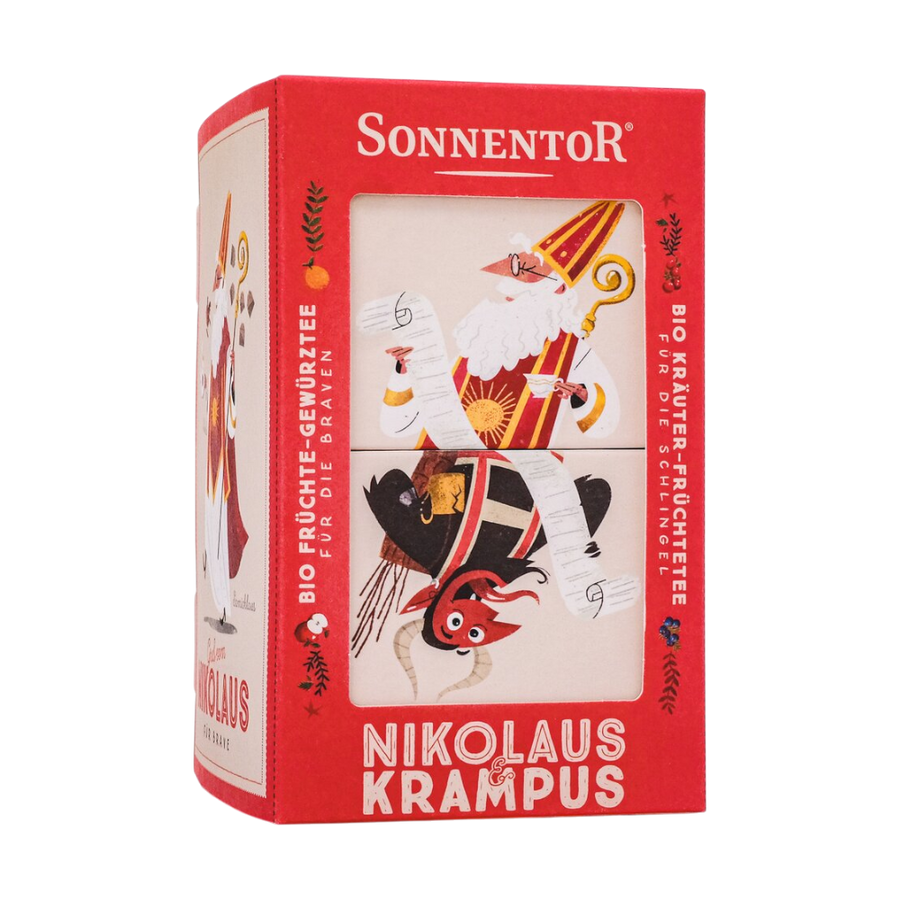  Sonnentor Nikolaus & Krampus Tee Bio-Früchte-Gewürzteemischung mit je 9 Aufgussbeuteln für vorweihnachtliche Grüße