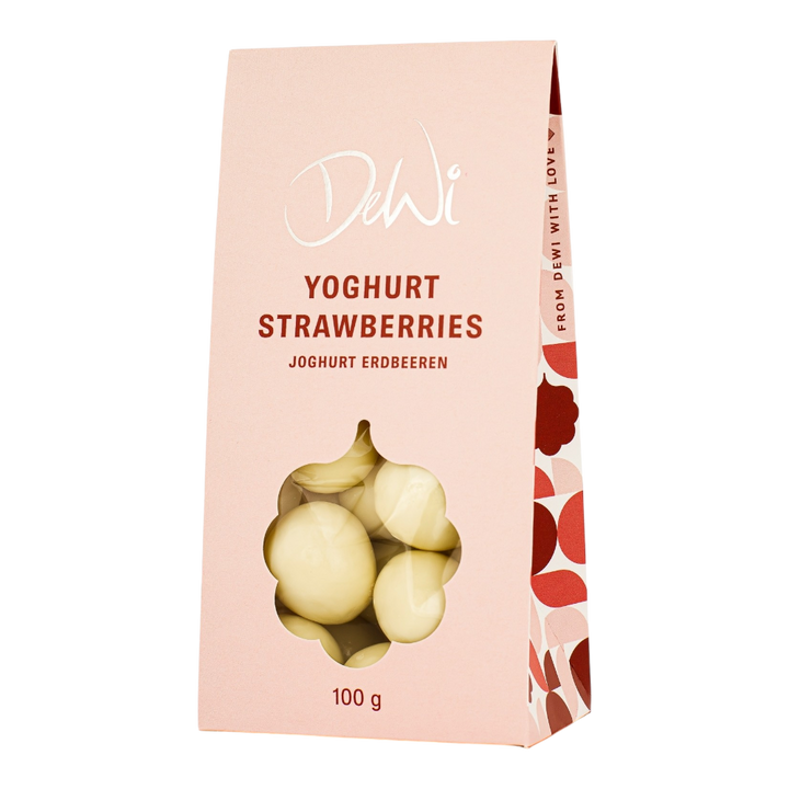 DeWi Joghurt Erdbeeren 100g - gefriergetrocknete Erdbeeren in weißer Schokolade mit cremigem Joghurtgeschmack
