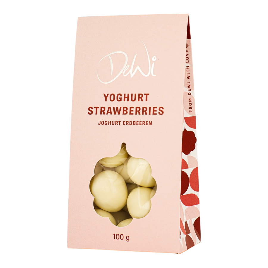 DeWi Joghurt Erdbeeren 100g - gefriergetrocknete Erdbeeren in weißer Schokolade mit cremigem Joghurtgeschmack