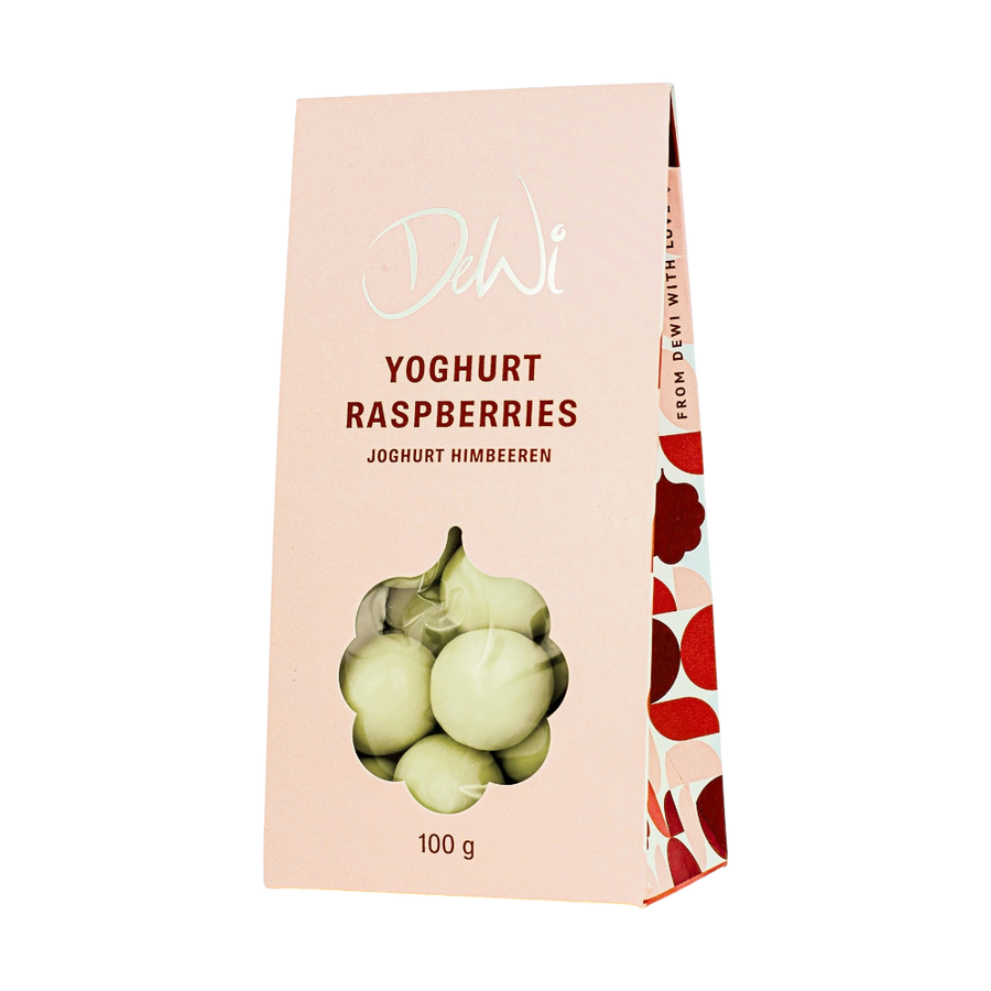 DeWi Joghurt Himbeeren 100g - gefriergetrocknete Himbeeren in weißer Schokolade mit cremigem Joghurtgeschmack