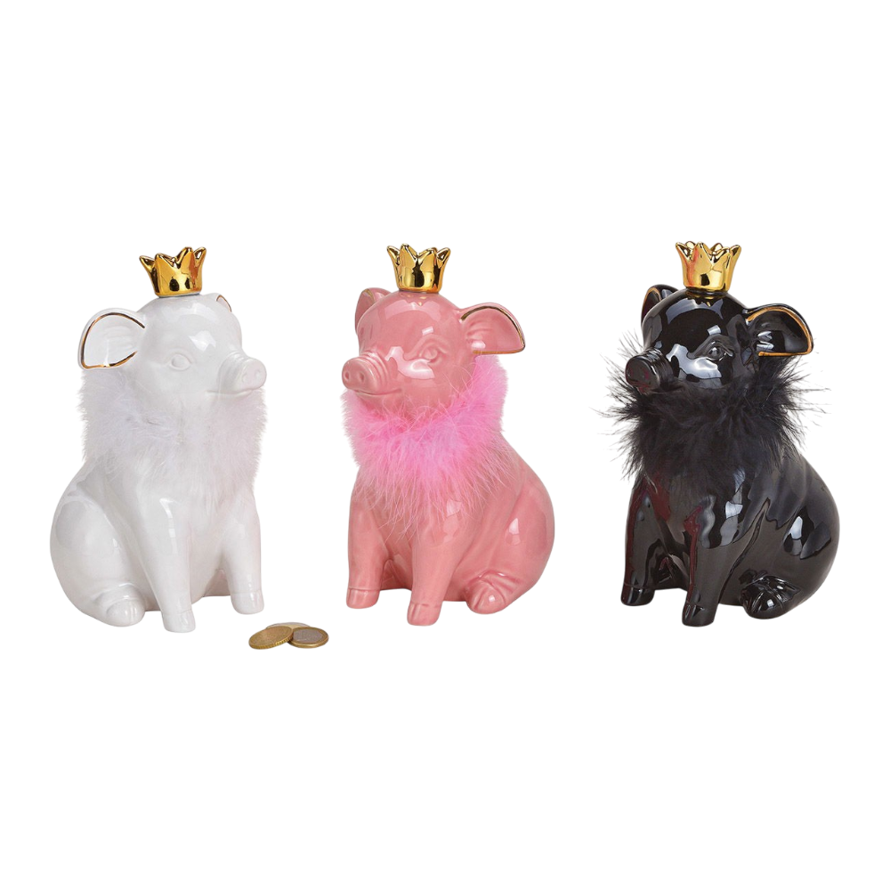 Sparschwein mit Krone aus Keramik Weiß/Pink/Schwarz 3-fach 10x21x13cm, königliche Sparschweine aus hochwertiger Keramik, elegante Farbauswahl