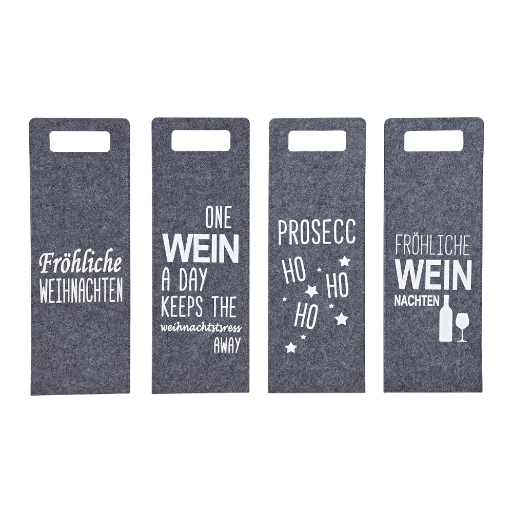 Geschenktasche aus Filz in grau mit Weihnachtssprüchen, 41x14cm, festliche Flaschentasche