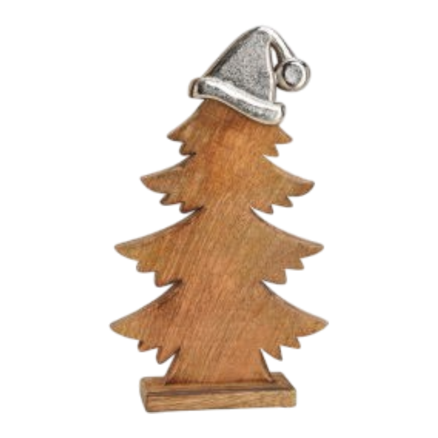 Tannenbaum aus Mangoholz mit Metall Mütze Braun 27x45x7cm, rustikaler Weihnachtsbaum aus natürlichem Mangoholz mit charmanter Metall-Mütze