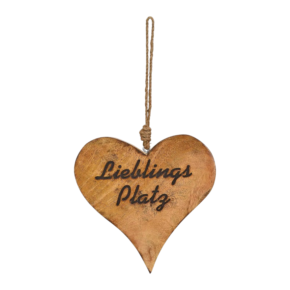 Hänger Herz Lieblingsplatz aus Holz Braun 20x20x2cm mit Spruch "Lieblingsplatz" und Bastaufhängung, herzliche Wohnraumdekoration