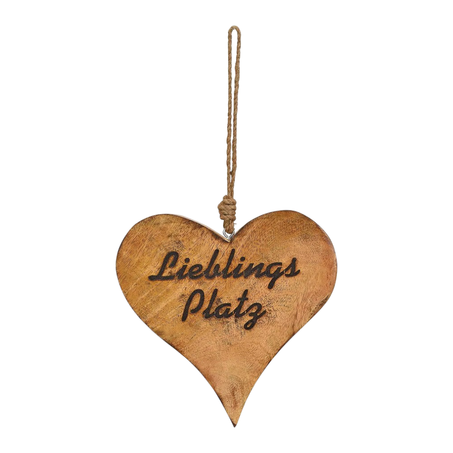 Hänger Herz Lieblingsplatz aus Holz Braun 20x20x2cm mit Spruch "Lieblingsplatz" und Bastaufhängung, herzliche Wohnraumdekoration