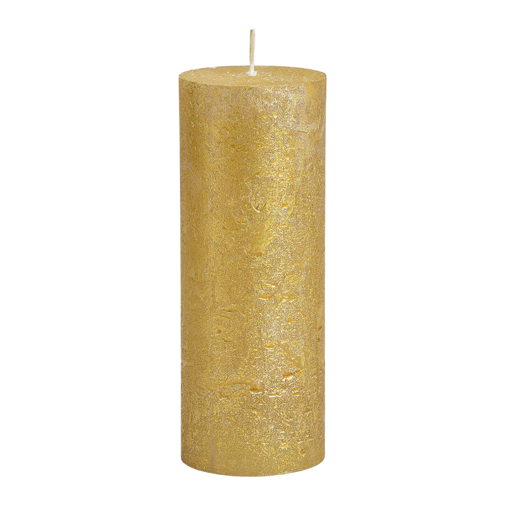 Goldene Kerze mit Shimmer Finish aus Wachs, 6,8x18x6,8cm, elegante Dekoration für luxuriöse Atmosphäre