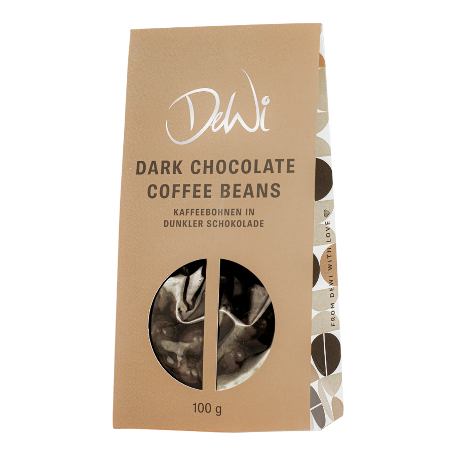 DeWi Kaffeebohnen in dunkler Schokolade 100g - geröstete Kaffeebohnen umhüllt von intensiver dunkler Schokolade mit 47% Kakaogehalt