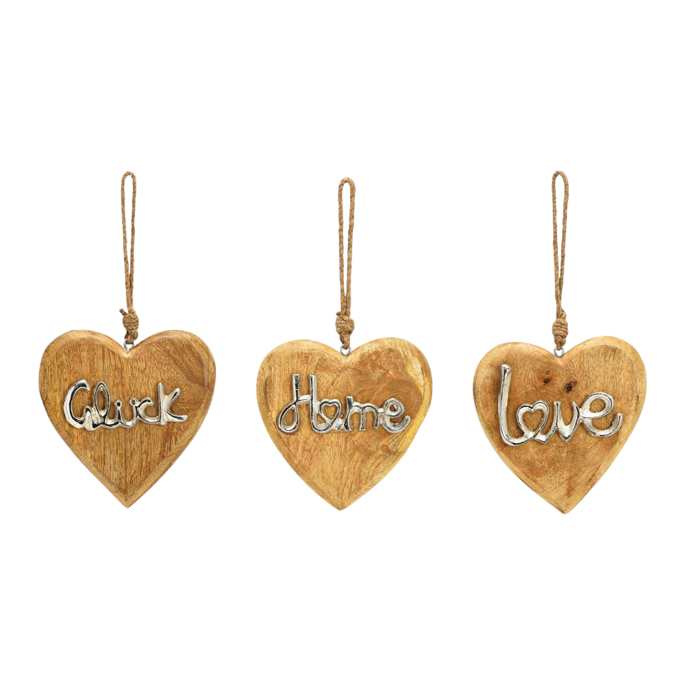 Dekorative Herz-Hänger aus Mangoholz mit Metall-Details, 14x14x2cm, Schriftzüge Home Love Glück, natürliche Wanddekoration