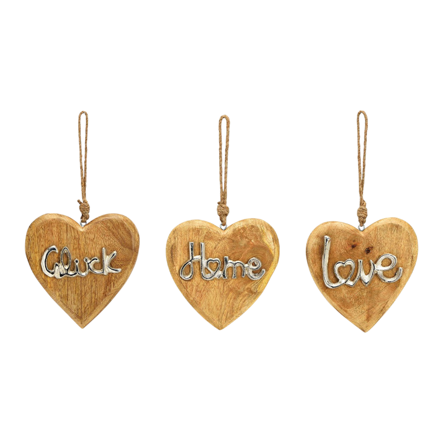 Dekorative Herz-Hänger aus Mangoholz mit Metall-Details, 14x14x2cm, Schriftzüge Home Love Glück, natürliche Wanddekoration