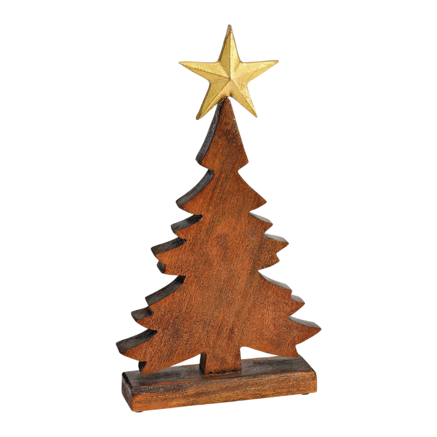 Eleganter Tannenbaum-Aufsteller aus braunem Mangoholz, 23x43x6cm, natürliche Weihnachtsdekoration für Tisch und Sideboard