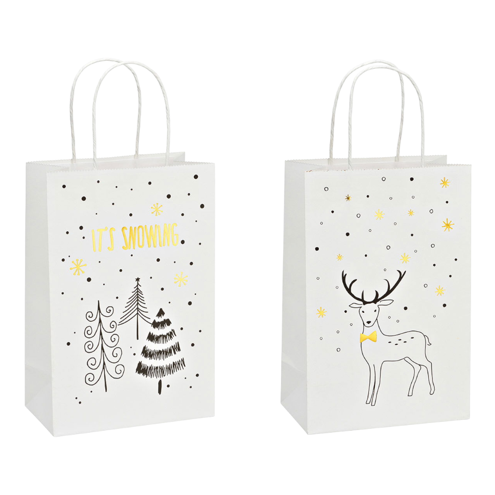 Geschenktüte It's snowing oder Hirsch aus Papier weiß, 18x27x10cm, 2-fach sortiert, festliche Weihnachtsverpackung