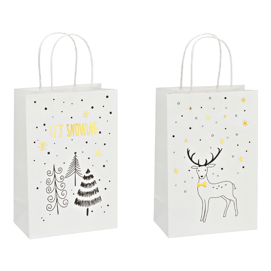 Geschenktüte It's snowing oder Hirsch aus Papier weiß, 18x27x10cm, 2-fach sortiert, festliche Weihnachtsverpackung