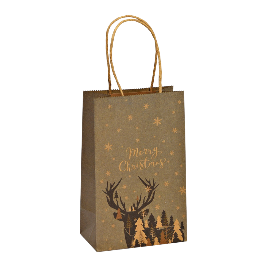 Braune Geschenktüte aus Papier/Pappe mit Hirsch-Motiv und Merry Christmas Schriftzug, 13x21x8cm, festliche Weihnachts-Geschenkverpackung