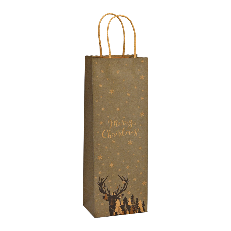 Braune Flaschentüte aus Papier/Pappe mit Hirsch-Motiv und Merry Christmas Schriftzug, 12x35x9cm, festliche Weihnachts-Geschenkverpackung für Flaschen