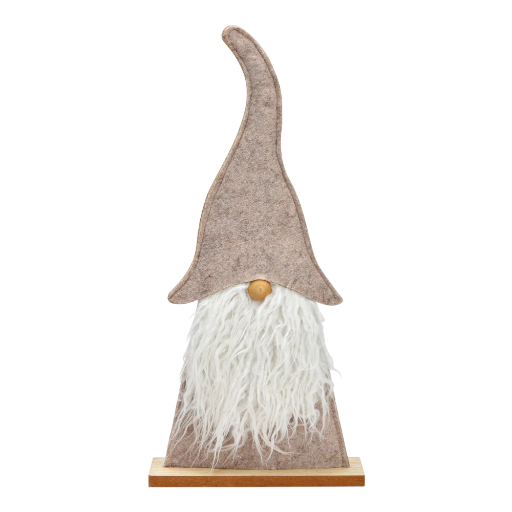 Aufsteller Wichtel auf Holzsockel aus Textil beige, 26x46x7cm, großer märchenhafter Wichtel mit nordischem Charme