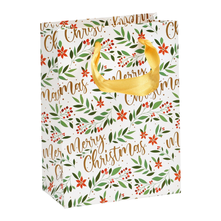 Geschenktüte Merry Christmas in bunten Farben, 12x16x1cm, mit Blatt Dekor für Weihnachtsgeschenke