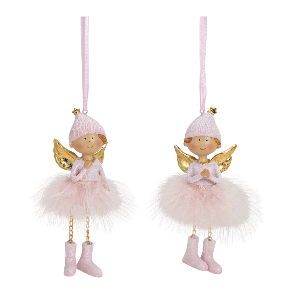 Engel Hänger aus Poly, Feder und Metall in pink und gold, 5x14x3cm, charmante Weihnachtsdekoration