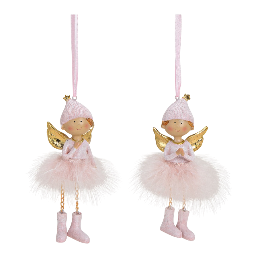 Engel Hänger aus Poly, Feder und Metall in pink und gold, 5x14x3cm, charmante Weihnachtsdekoration