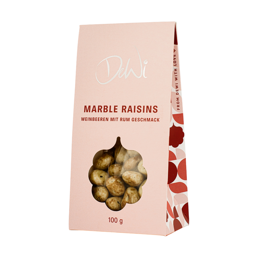 DeWi Weinbeeren mit Rum Geschmack - süße Rosinen in weißer Schokolade mit authentischem Rum-Aroma