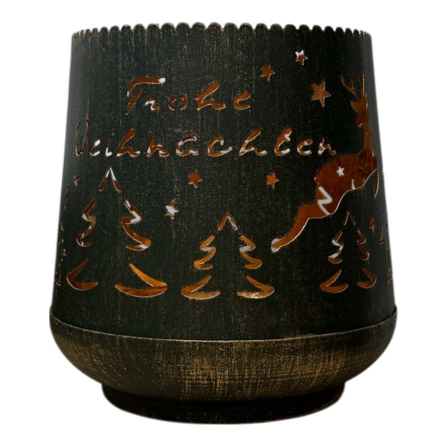 Windlicht Frohe Weihnachten mit Hirsch-Motiv aus Metall grün rosa, 16x16x16cm, festliche Weihnachtsdekoration