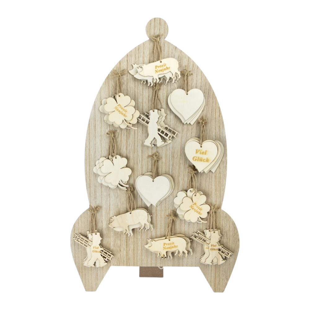 SILVESTER Hänger aus Holz, 4 Motive sortiert, 7-9cm, festliche Silvesterdekoration