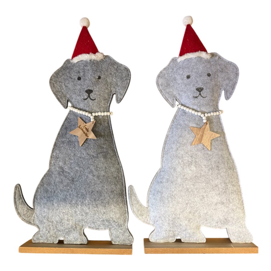 Hund mit Weihnachtsmütze aus Filz dunkelgrau mittelgrau, 30x6x51cm, 2 Motive sortiert, herzliche Weihnachtsdekoration