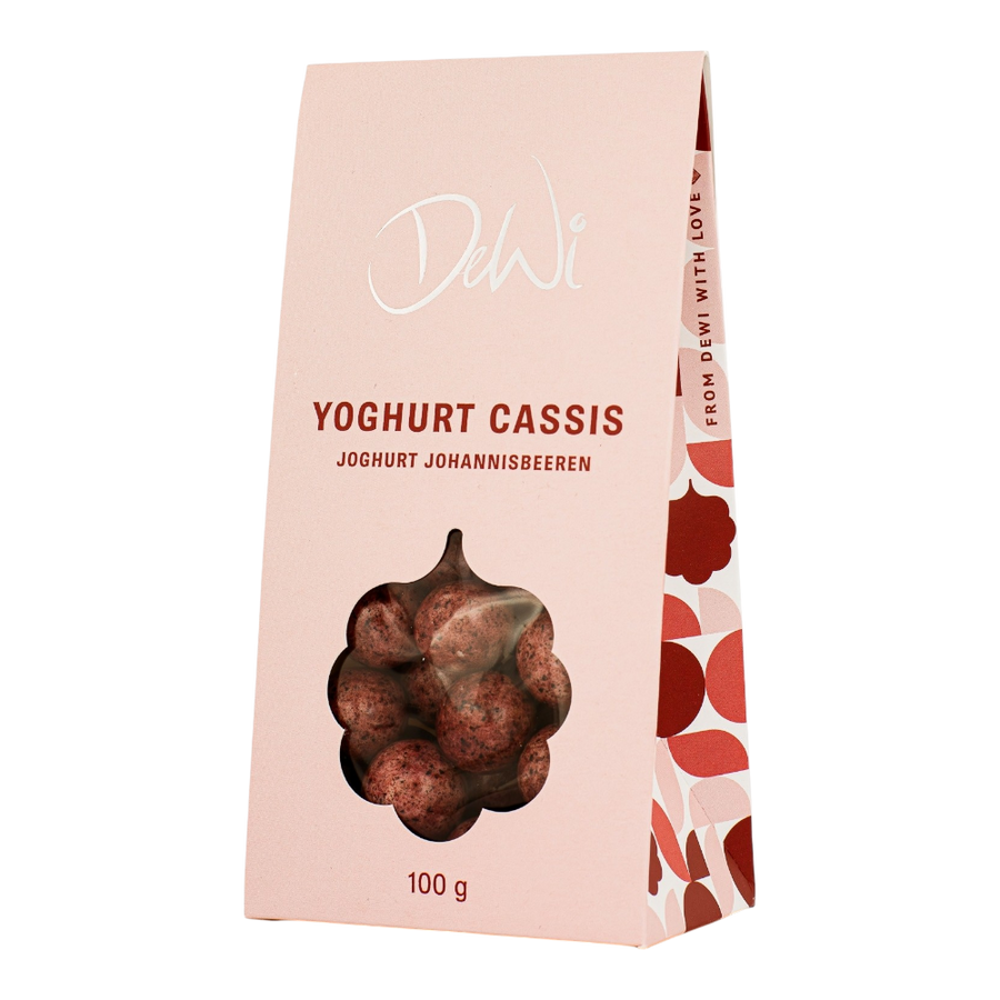 DeWi Joghurt Johannisbeeren 100g - gefriergetrocknete schwarze Johannisbeeren in weißer Schokolade mit cremigem Joghurtgeschmack