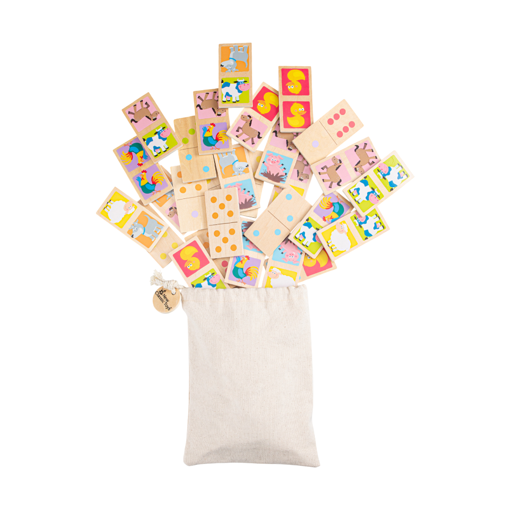Djeco Domino Tiere Holzspiel, 28 Teile, bunte Tiermotive, ab 3 Jahren, mit Baumwollbeutel