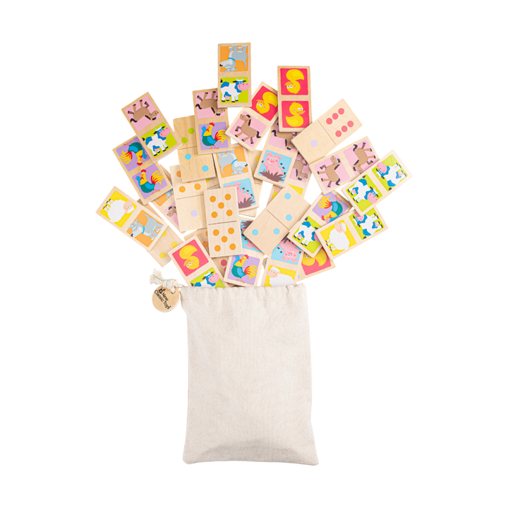 Djeco Domino Tiere Holzspiel, 28 Teile, bunte Tiermotive, ab 3 Jahren, mit Baumwollbeutel