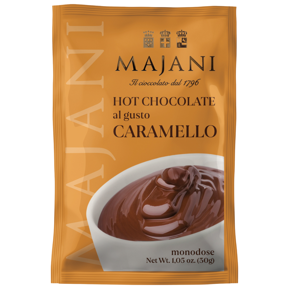 Majani Hot Chocolate Caramello - Trinkschokoladenpulver mit Karamellnote, glutenfrei, für klassische heiße Schokolade