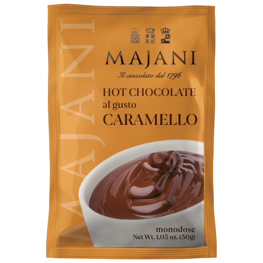 Majani Hot Chocolate Caramello - Trinkschokoladenpulver mit Karamellnote, glutenfrei, für klassische heiße Schokolade
