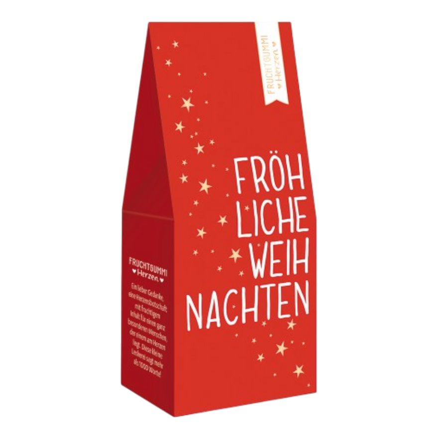 Grafik Werkstatt Weihnachts-Fruchtgummi 70g mit Aufschrift Fröhliche Weihnachten und Himbeersaft