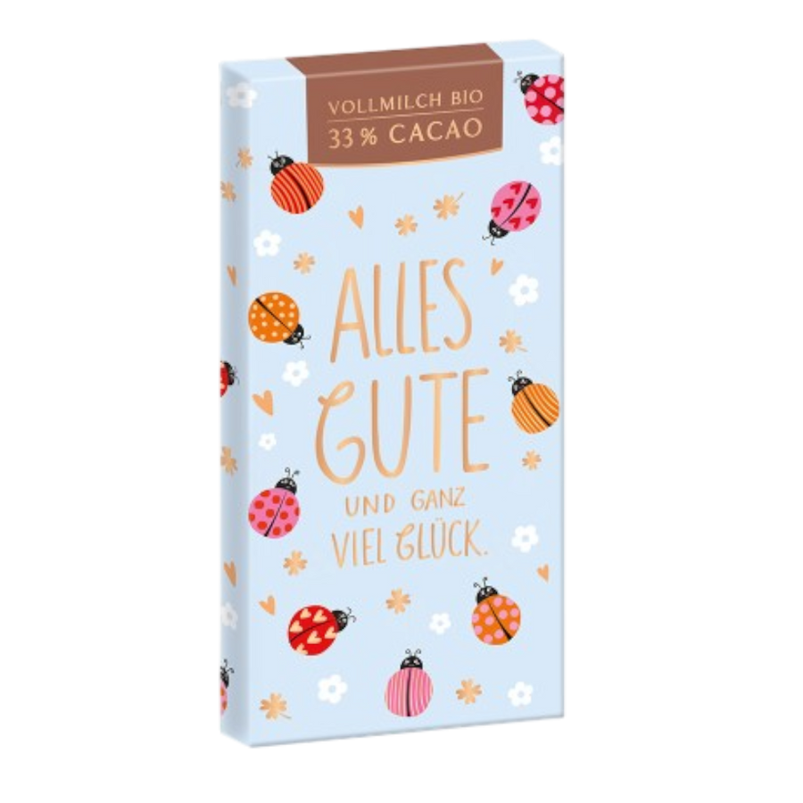 Grafik Werkstatt Bio-Schokolade 80g mit Aufschrift "Alles Gute und ganz viel Glück!" DE-ÖKO-013 zertifiziert