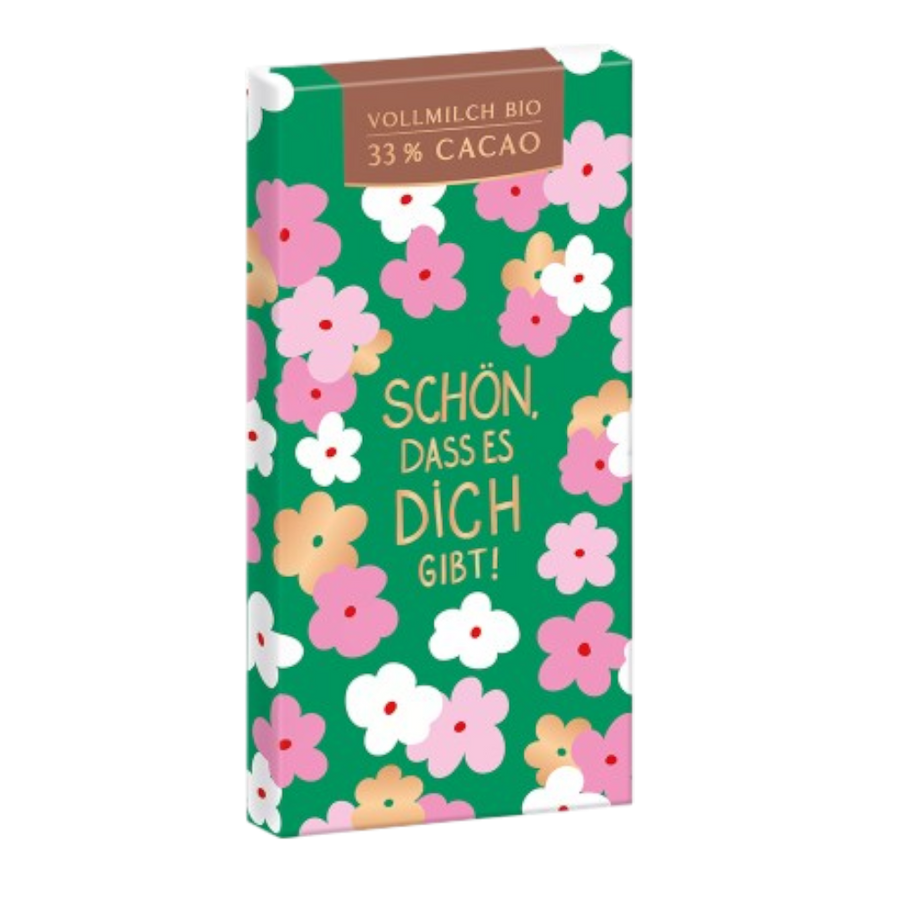 Grafik Werkstatt Bio-Schokolade 80g mit Aufschrift "Schön, dass es dich gibt!" DE-ÖKO-013 zertifiziert