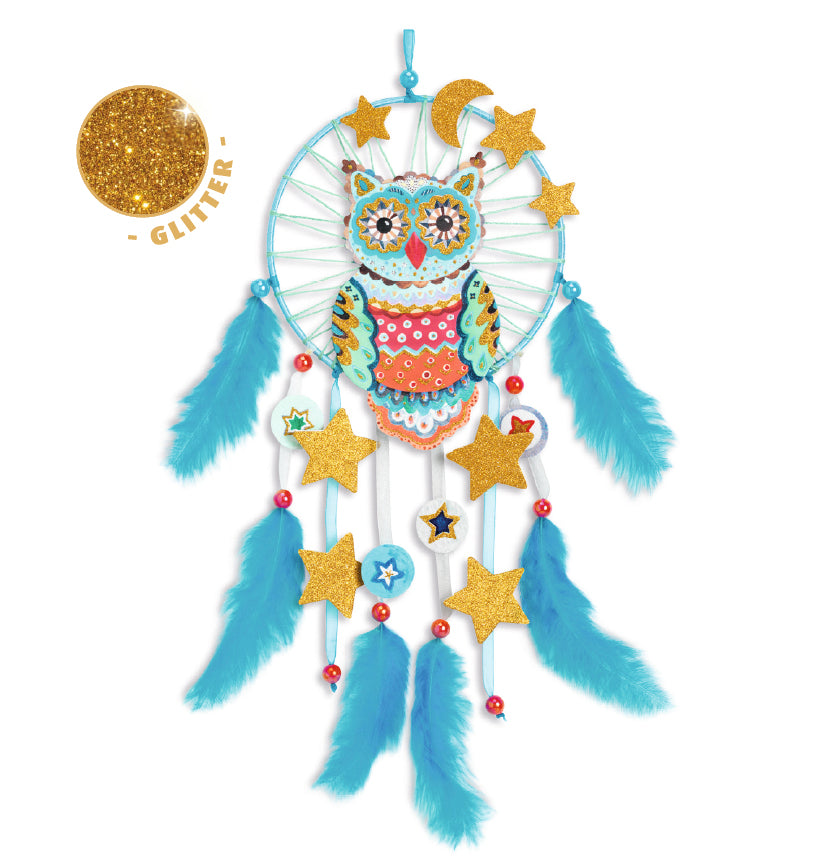 Traumfaenger Goldene Eule DIY Set mit Glitzer. Kreatives Bastelset für Kinder zum Traumfaenger Weben jetzt bestellen!