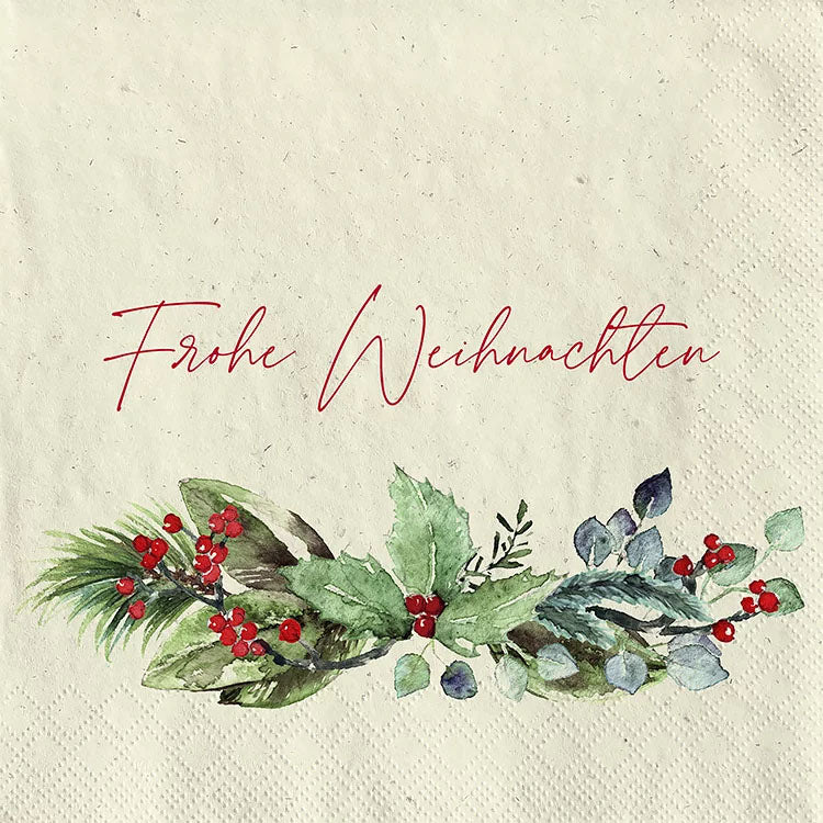 Lunch Grasservietten Frohe Weihnachten in creme grün, 33x33cm, festliche Weihnachtsservietten für Tischdekoration