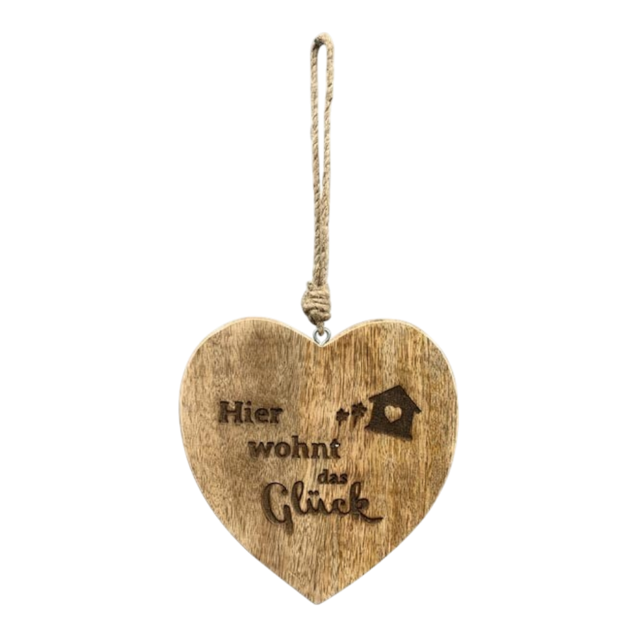 HerzHänger Dost Holz 12x1,5x12 cm mit Spruch "Hier wohnt das Glück", natürliches Holz, Glücks-Herzhänger, hochwertige Verarbeitung
