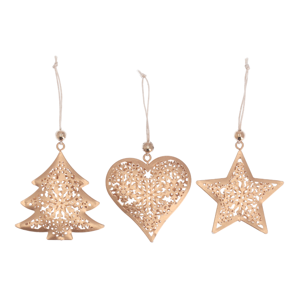 Hänger Blech durchbrochen 3 Modelle gold - durchbrochene Christmas ornaments in star, heart, and tree shapes.