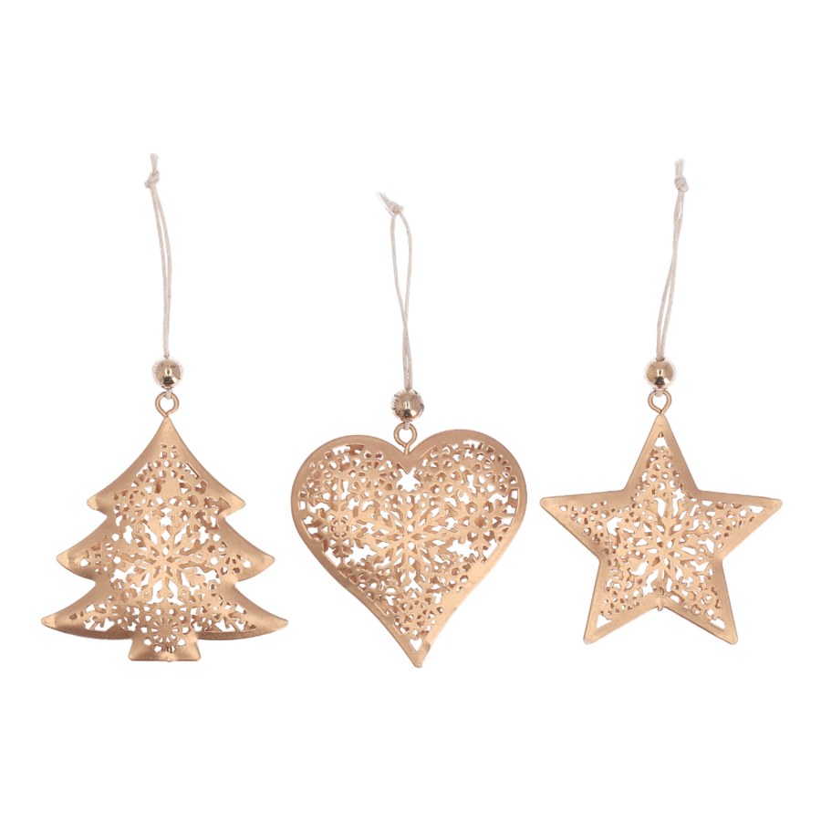 Hänger Blech durchbrochen 3 Modelle gold - durchbrochene Christmas ornaments in star, heart, and tree shapes.