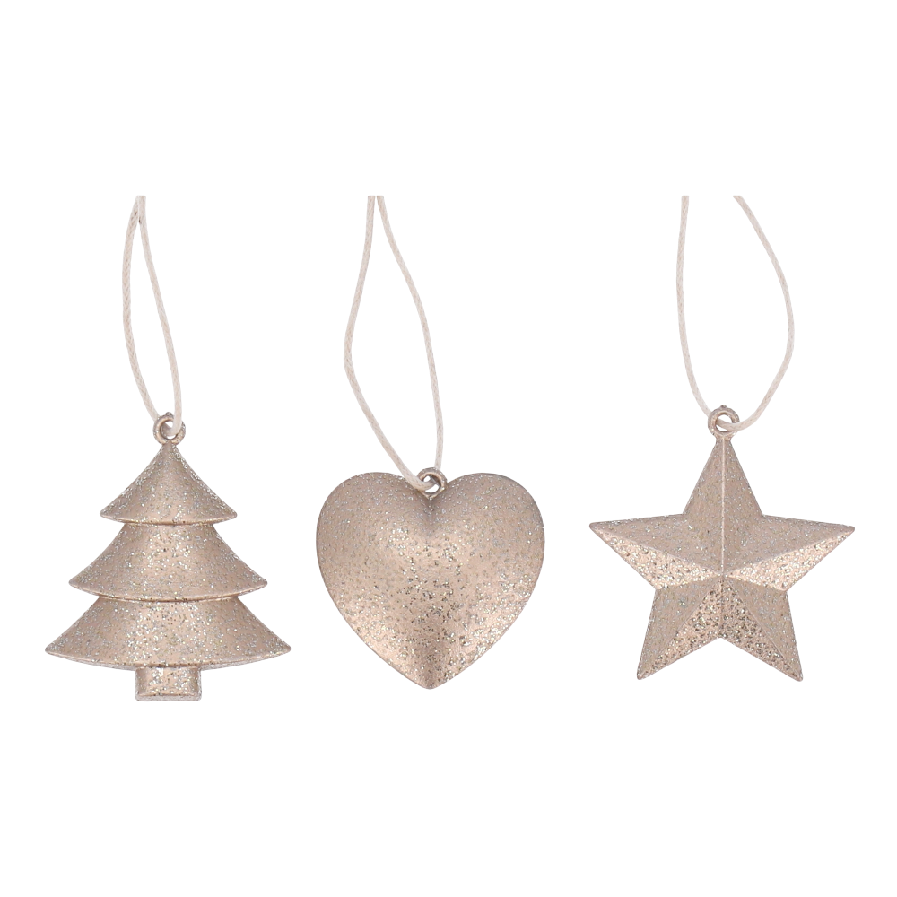 Hänger Poly 3 Modelle champagner D4 L8cm - Weihnachtsschmuck in Stern, Herz und Tanne aus Poly.