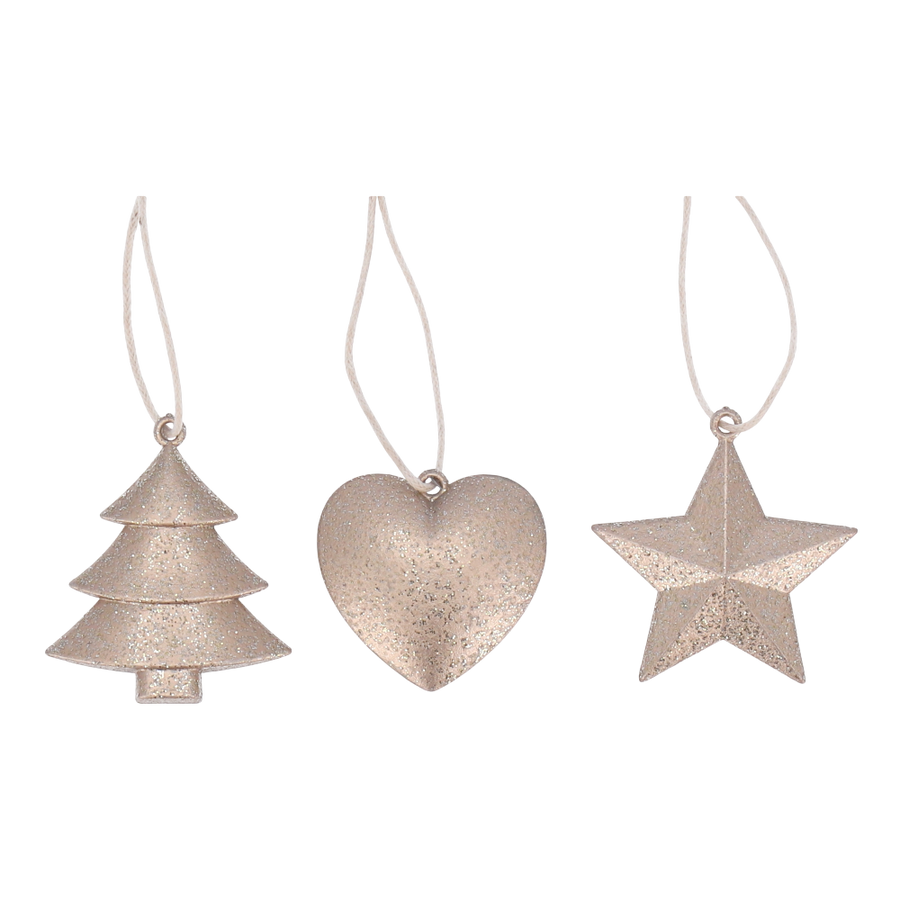 Hänger Poly 3 Modelle champagner D4 L8cm - Weihnachtsschmuck in Stern, Herz und Tanne aus Poly.