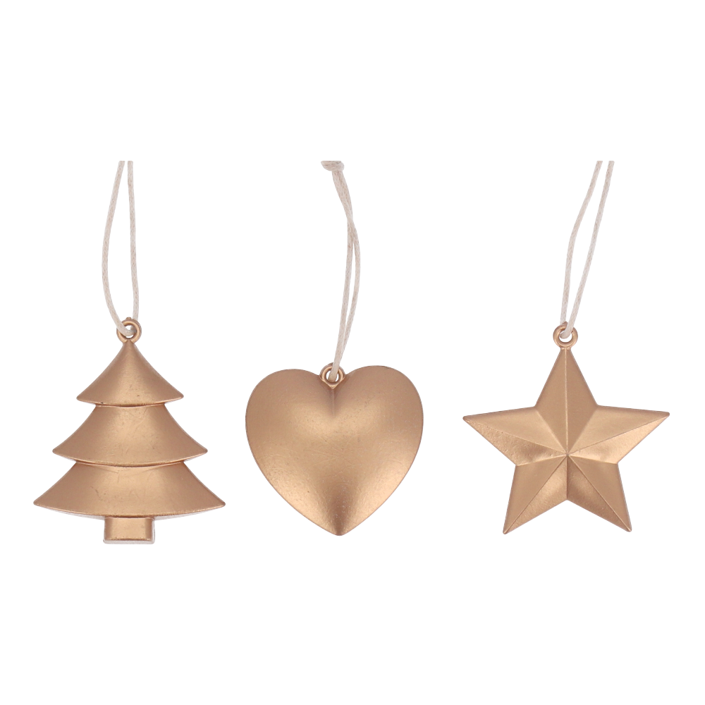 Hänger Poly 3 Modelle gold D4 L8cm - Weihnachtsanhänger in Formen von Stern, Herz und Tanne.
