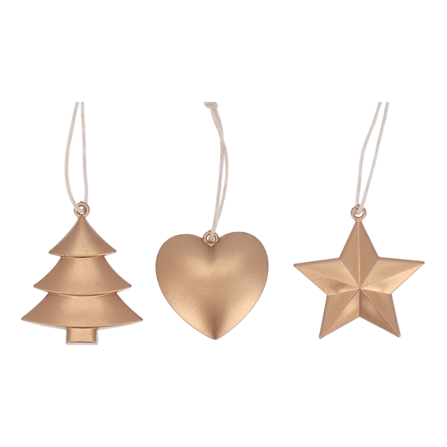Hänger Poly 3 Modelle gold D4 L8cm - Weihnachtsanhänger in Formen von Stern, Herz und Tanne.