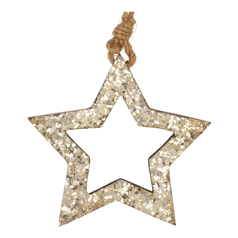 Stern Mangoholz durchbrochen Glasglitter gold D15cm - Funkelnde Weihnachtsdekoration aus Mangoholz.