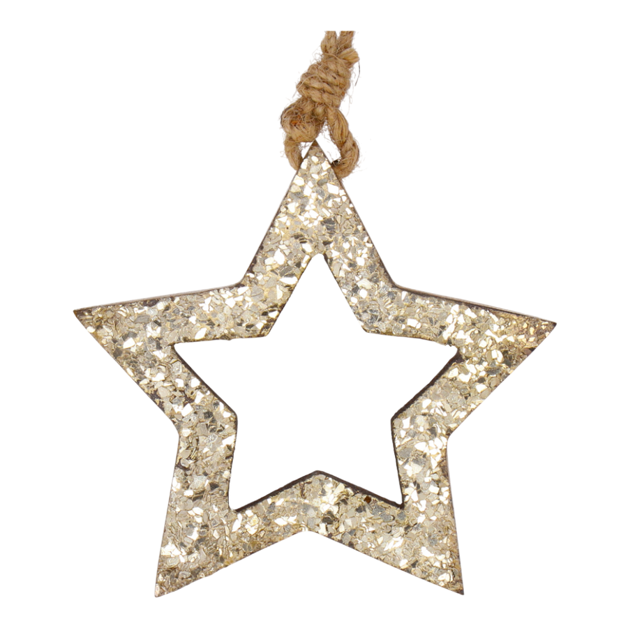 Stern Mangoholz durchbrochen Glasglitter gold D15cm - Funkelnde Weihnachtsdekoration aus Mangoholz.
