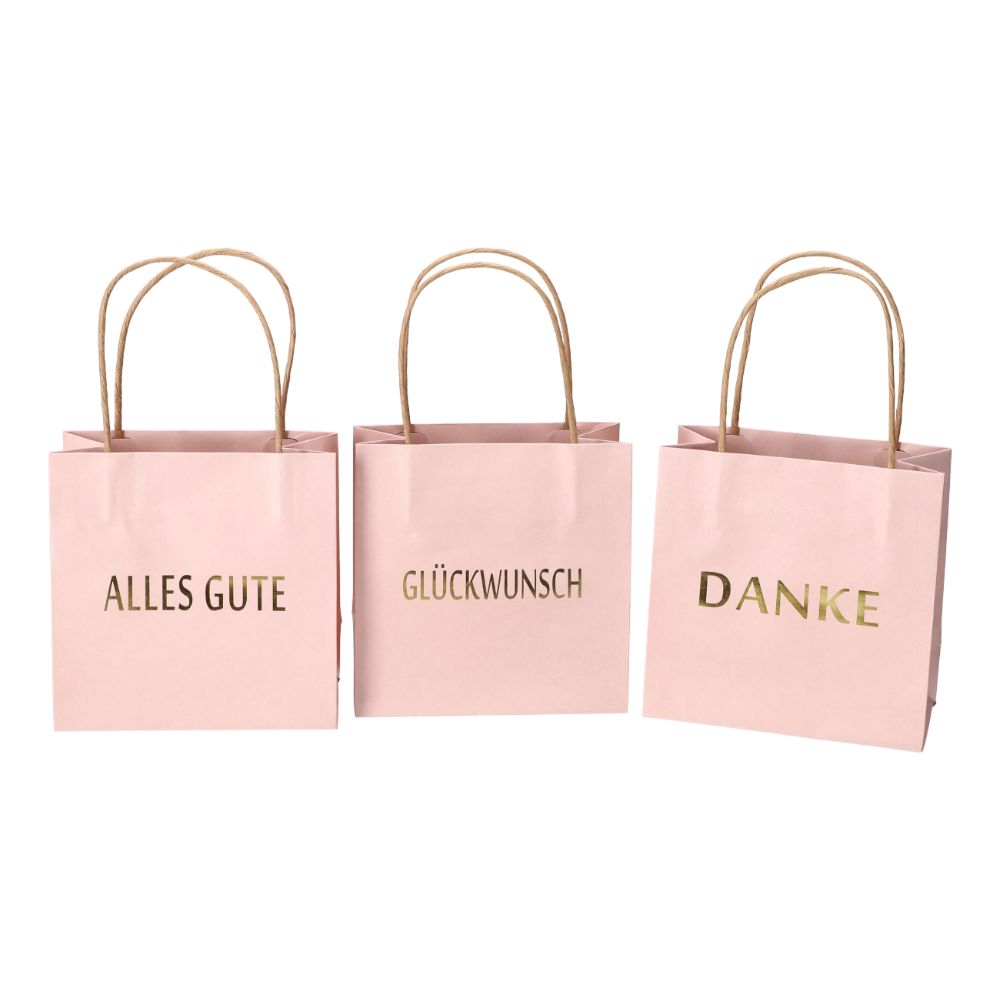 Geschenktüte bedruckt Danke Alles Gute rosa - Set mit drei pinken Geschenktüten mit Sprüchen.