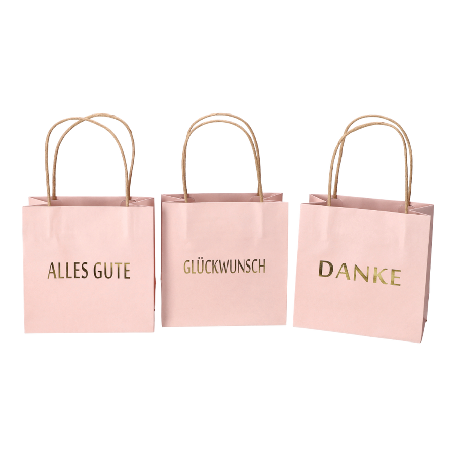 Geschenktüte bedruckt Danke Alles Gute rosa - Set mit drei pinken Geschenktüten mit Sprüchen.