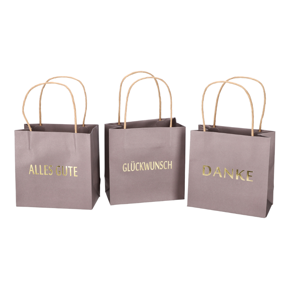 Geschenktüte bedruckt Danke Alles Gute grau - Dunkelgraue Geschenkverpackung mit Glückwunsch-Botschaften