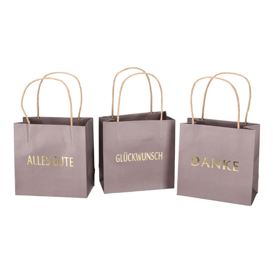 Geschenktüte bedruckt Danke Alles Gute grau - Dunkelgraue Geschenkverpackung mit Glückwunsch-Botschaften