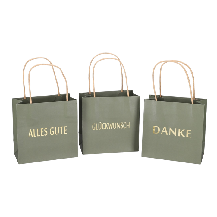 Geschenktüte bedruckt 3 Sprüche DANKE ALLES GUTE GLÜCKWUNSCH grün dunkel B16xT8xH16cm, elegante Geschenkverpackung mit goldenen Drucken